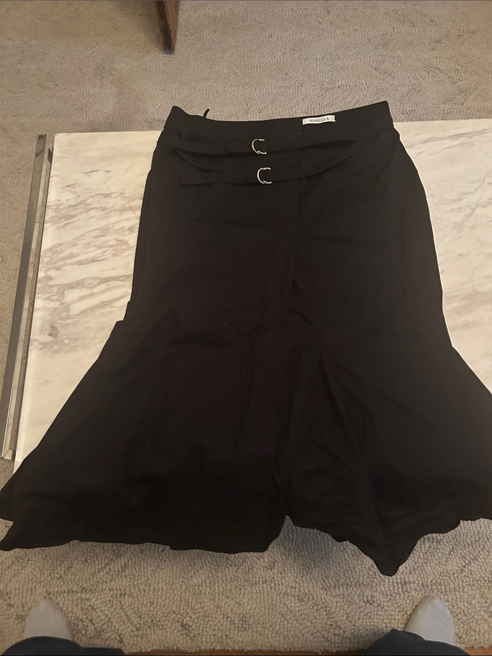 MARELLA Black A-Line Midi Skirt with Double Buckle Waist
